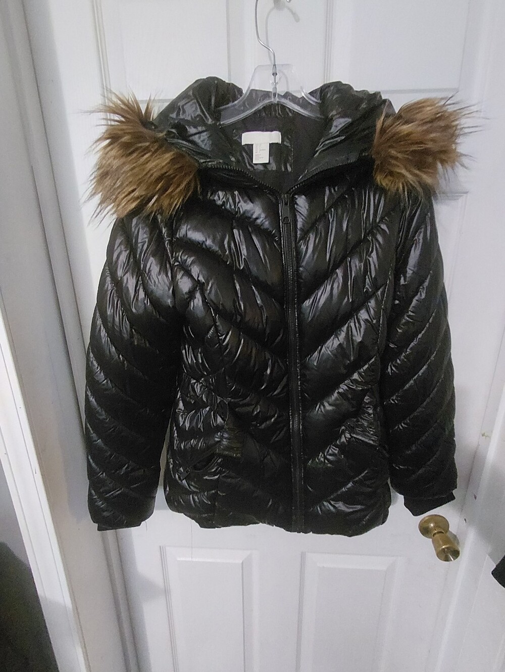 H&M Black Quilted Puffer Jacket with Faux Fur Trim